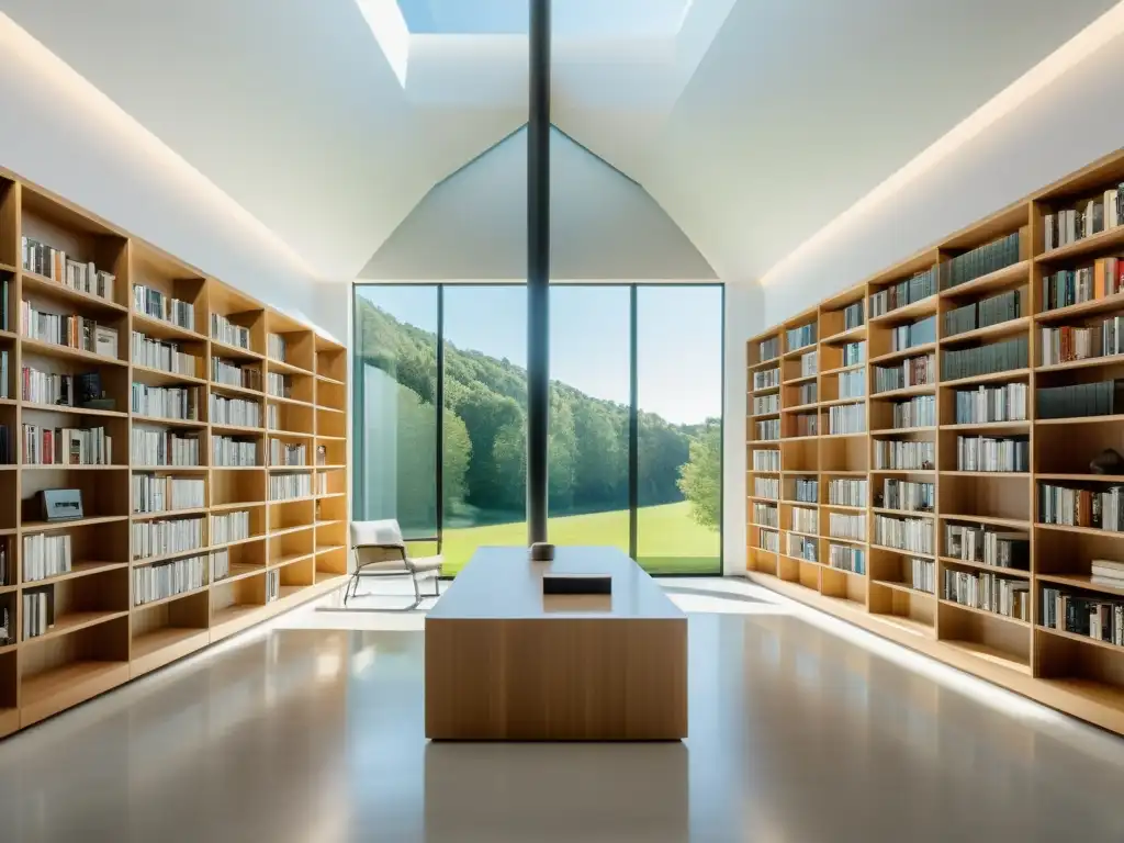 Vista panorámica de biblioteca moderna con libros ordenados y vista a paisaje natural, reflejando la relación Hayek Friedman libertad económica