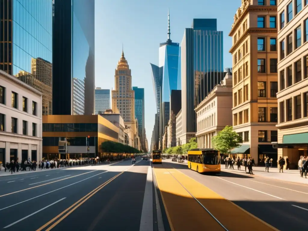 Vista panorámica de una bulliciosa calle urbana con rascacielos, capturando la esencia del individualismo económico moderno