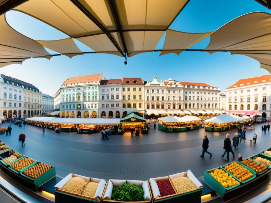 Vista panorámica del bullicioso mercado en Viena, Austria, con vendedores, transacciones y la arquitectura vibrante