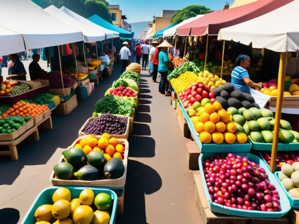 Vista panorámica de un bullicioso mercado latinoamericano con puestos coloridos y una atmósfera vibrante