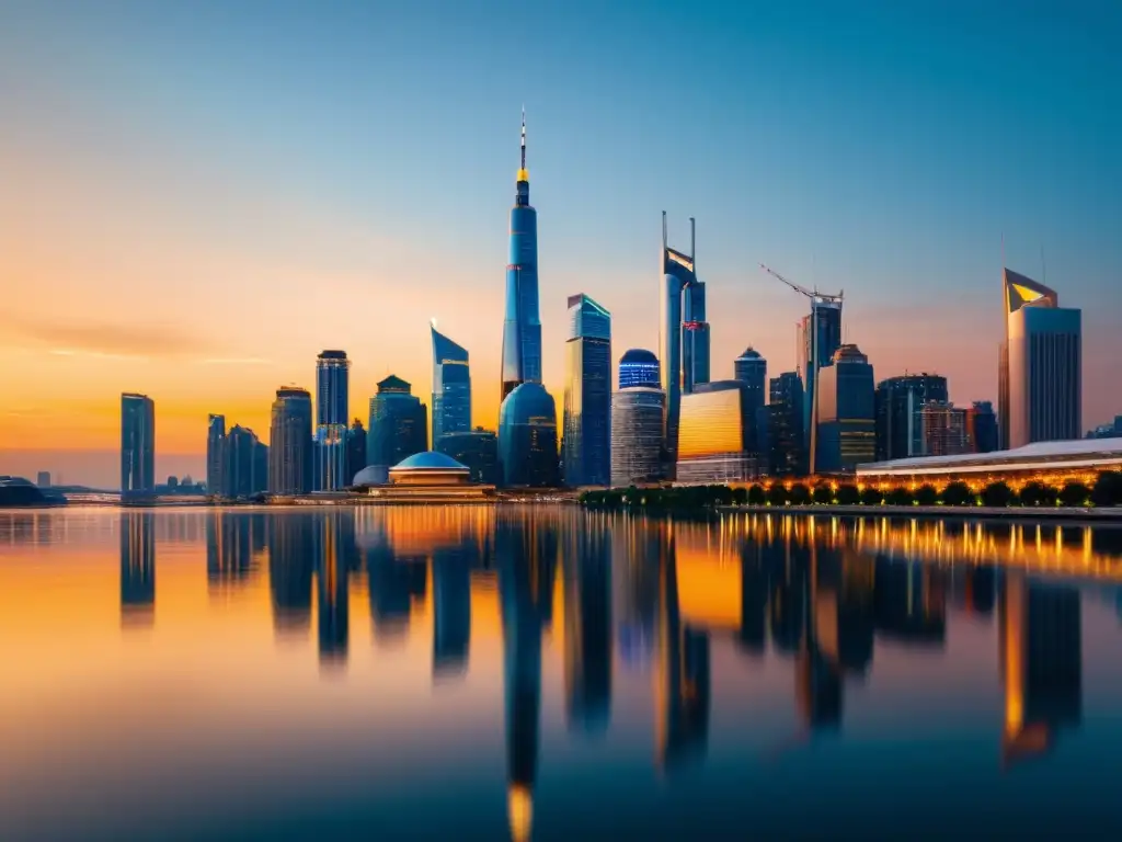 Vista panorámica de una ciudad moderna al anochecer, con rascacielos iluminados por un cálido resplandor dorado