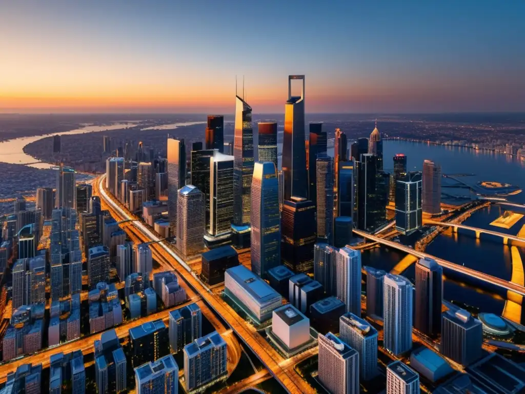 Vista panorámica de una ciudad moderna al atardecer, con rascacielos reflectantes y una red de carreteras iluminadas