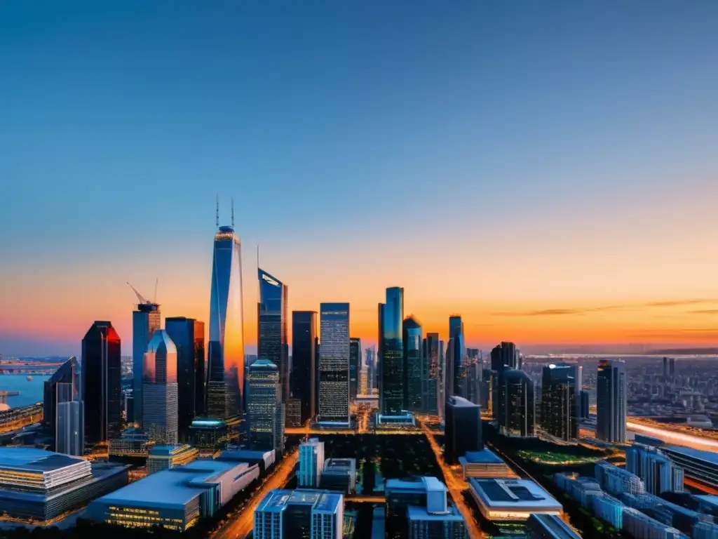 Vista panorámica de una ciudad moderna al atardecer, con rascacielos minimalistas reflejando la cálida luz del sol poniente