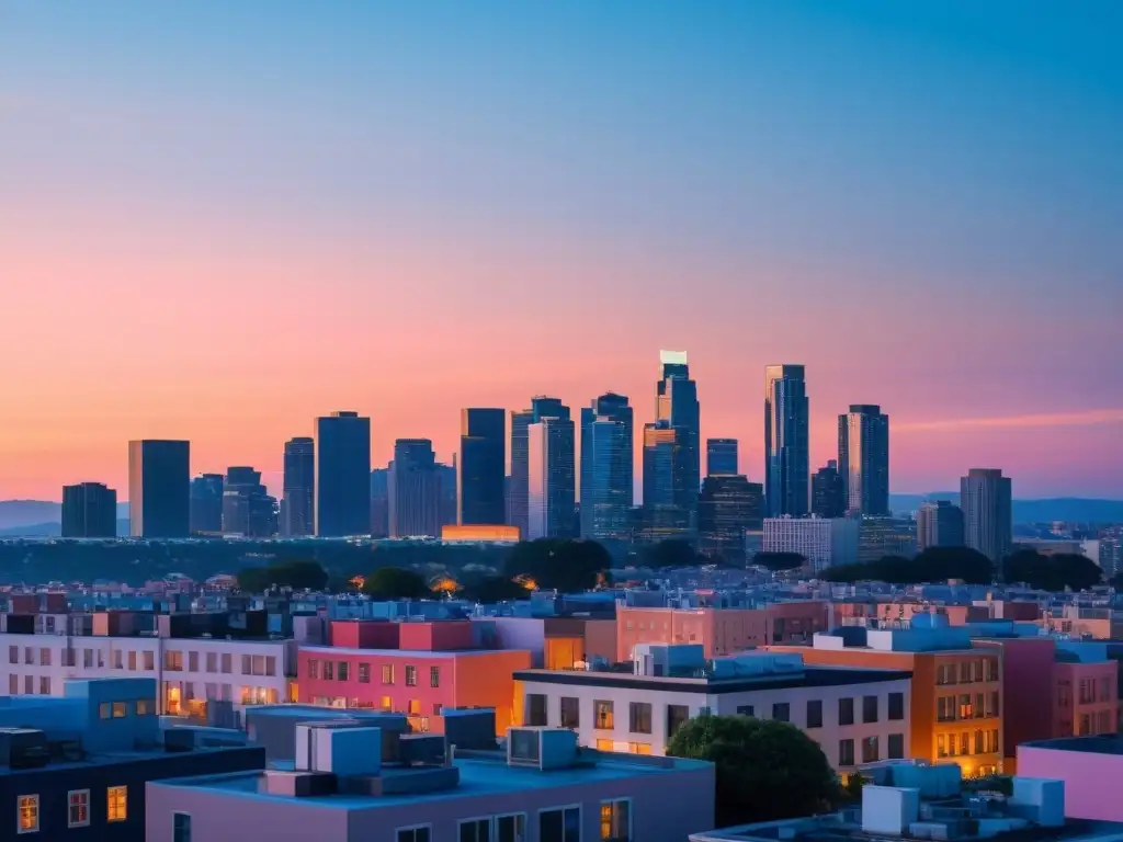 Vista panorámica de una ciudad moderna iluminada al atardecer, reflejando la armonía de una sociedad abierta según Hayek