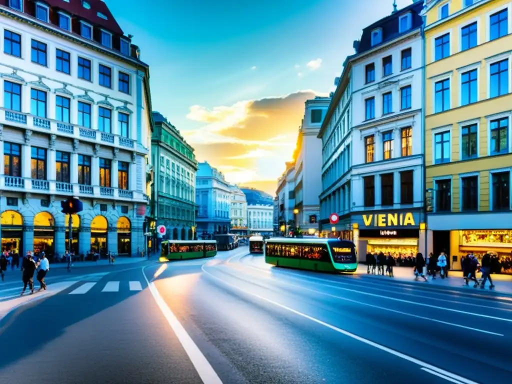 Vista panorámica de las concurridas calles de Viena, Austria, capturando la energía vibrante de la ciudad y el contraste entre lo antiguo y lo moderno