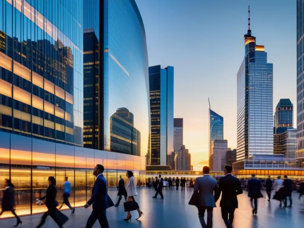 Vista panorámica de distrito financiero al anochecer, con modernos rascacielos iluminados por el sol