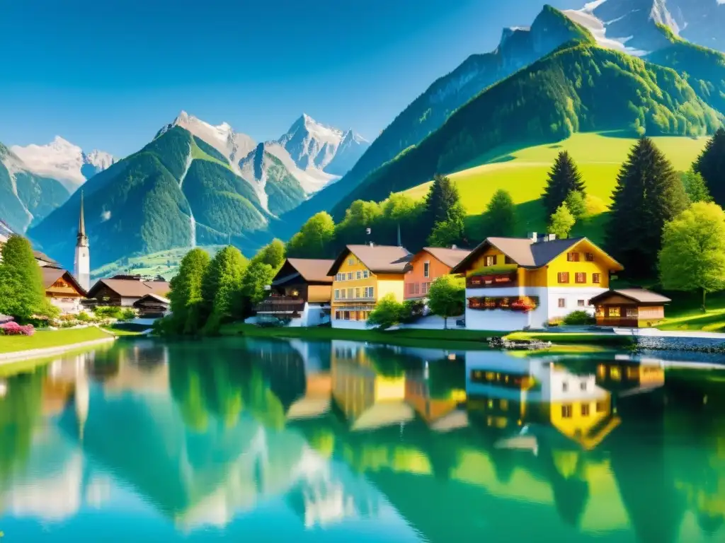 Pintoresco pueblo alpino austriaco: serenidad y tradición Vista panorámica de un encantador pueblo austriaco en los Alpes, reflejado en el lago