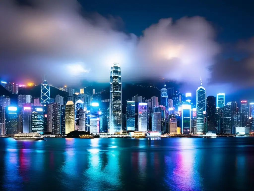 Vista panorámica nocturna del skyline de Hong Kong, reflejando la próspera laissez faire de la ciudad en el agua de Victoria Harbour