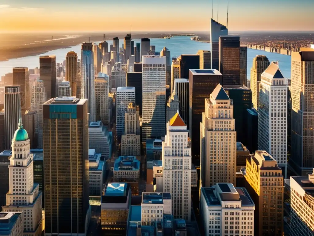 Vista panorámica de un vibrante distrito financiero urbano, con modernos rascacielos y arquitectura histórica en contraste