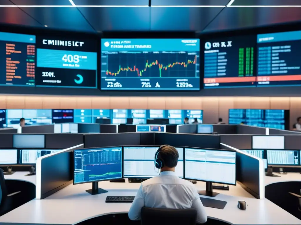 Vista 8K de piso de trading futurista con IA en mercados financieros, oficinas de vidrio y operadores enfocados en pantallas de alta tecnología