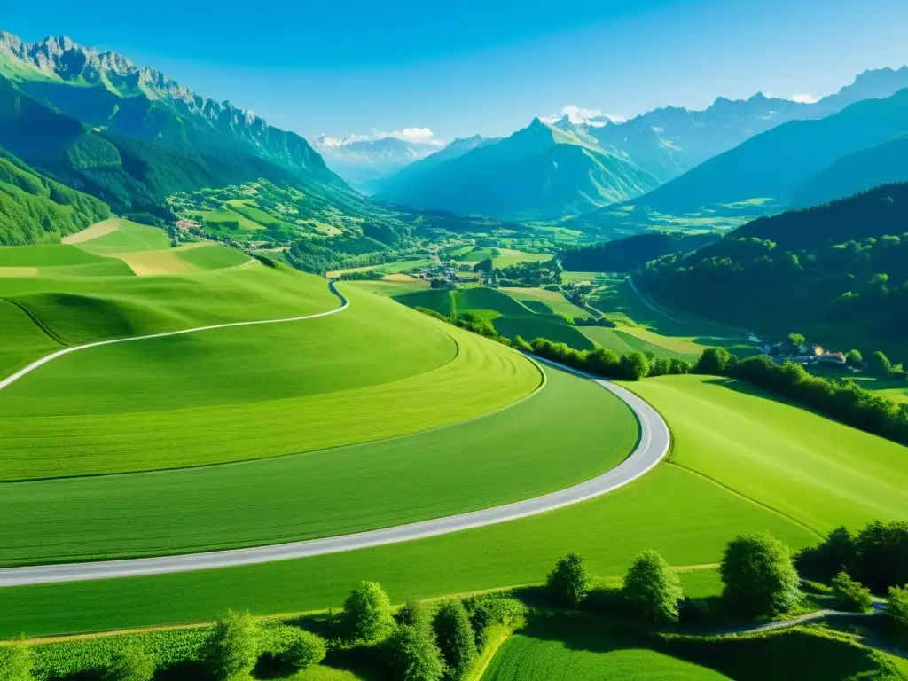 Vista serena del campo de Liechtenstein, con colinas verdes, cielo azul y carretera que lleva a un pueblo