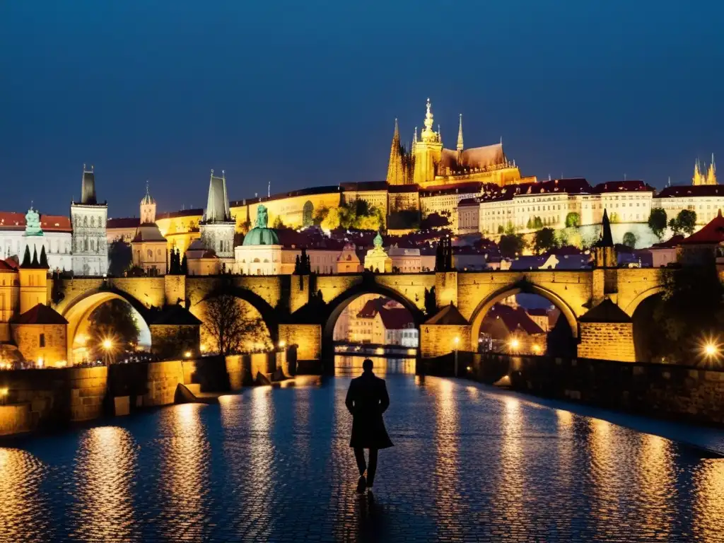 Praga al atardecer: icónica silueta de la ciudad Vista serena al anochecer del Castillo de Praga y el Puente de Carlos en blanco y negro, modelo de transformación República Checa