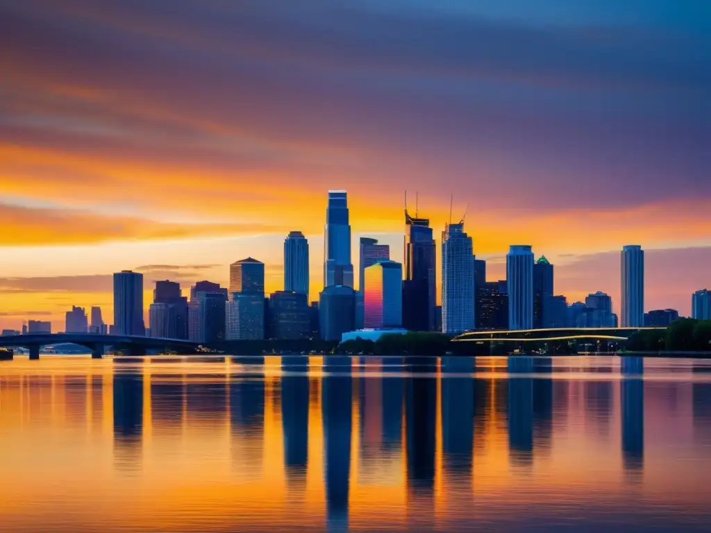 Vista serena de la ciudad al atardecer, con modernos edificios reflejados en el río, creando tranquilidad en medio del bullicio urbano