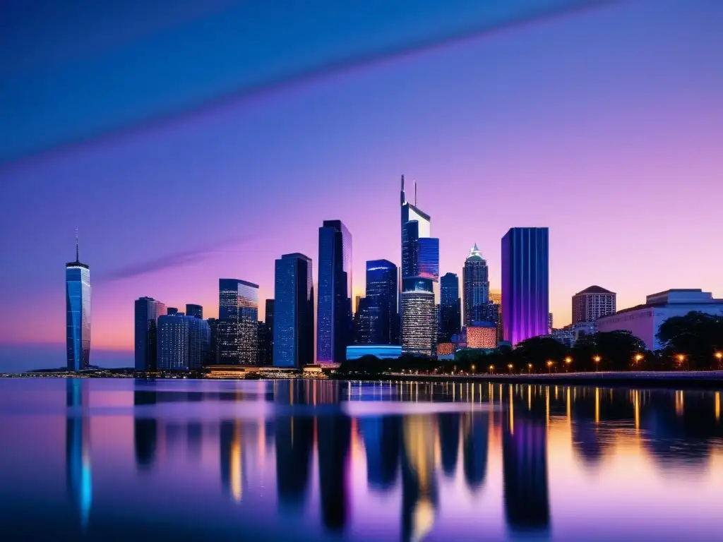 Vista serena de una ciudad moderna al anochecer, reflejada en el agua