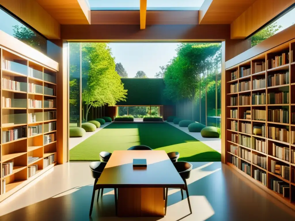 Vista serena de una moderna biblioteca con influencia de la Escuela Austriaca economía, bañada por luz natural y rodeada de naturaleza exuberante