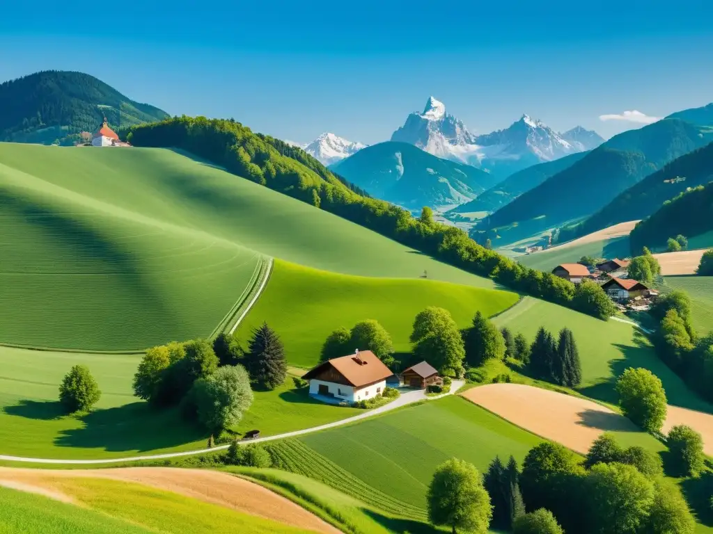 Vista serena de una paisaje austriaco con colinas verdes y un pueblo tradicional en la distancia