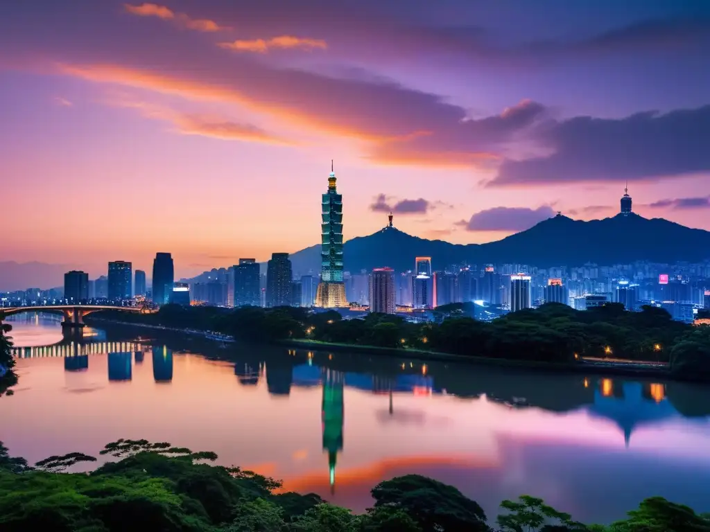 Vista serena del skyline de Taipei al anochecer, con rascacielos iluminados reflejados en el río, contrastando con el cielo anaranjado y rosado