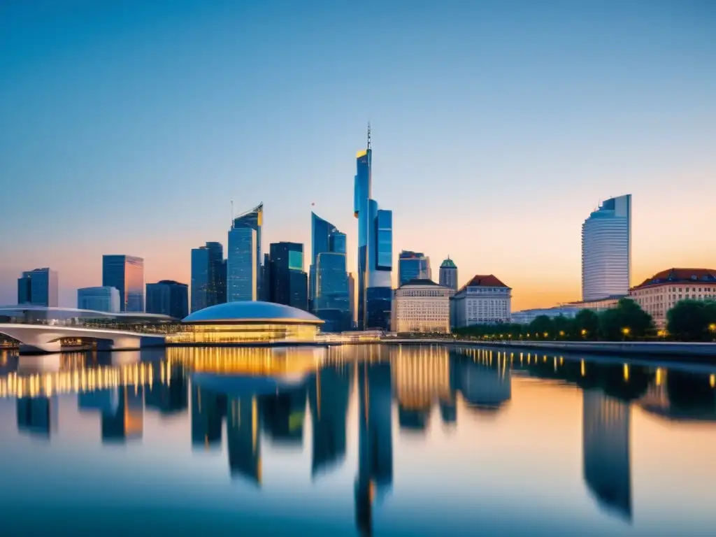 Vista tranquila de la ciudad moderna al anochecer, con luz cálida que ilumina los edificios y refleja en el agua, evocando armonía y progreso