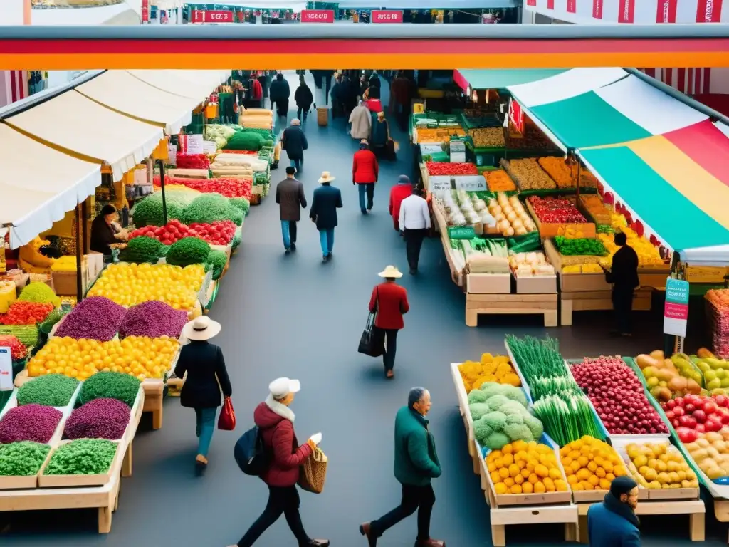 Vista vibrante de un bullicioso mercado, reflejando la energía y dinamismo de la interpretación austriaca de señales de mercado