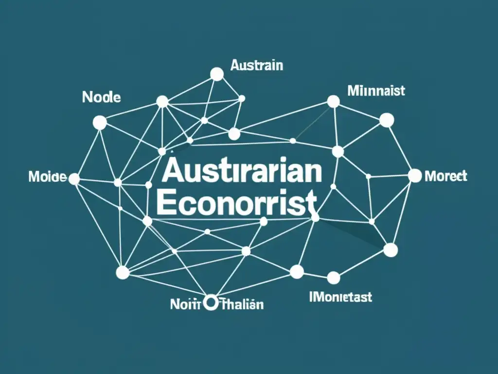 Representación visual minimalista de la Escuela Austriaca de Economía y la teoría monetarista, contrastando en estilo y conceptos económicos