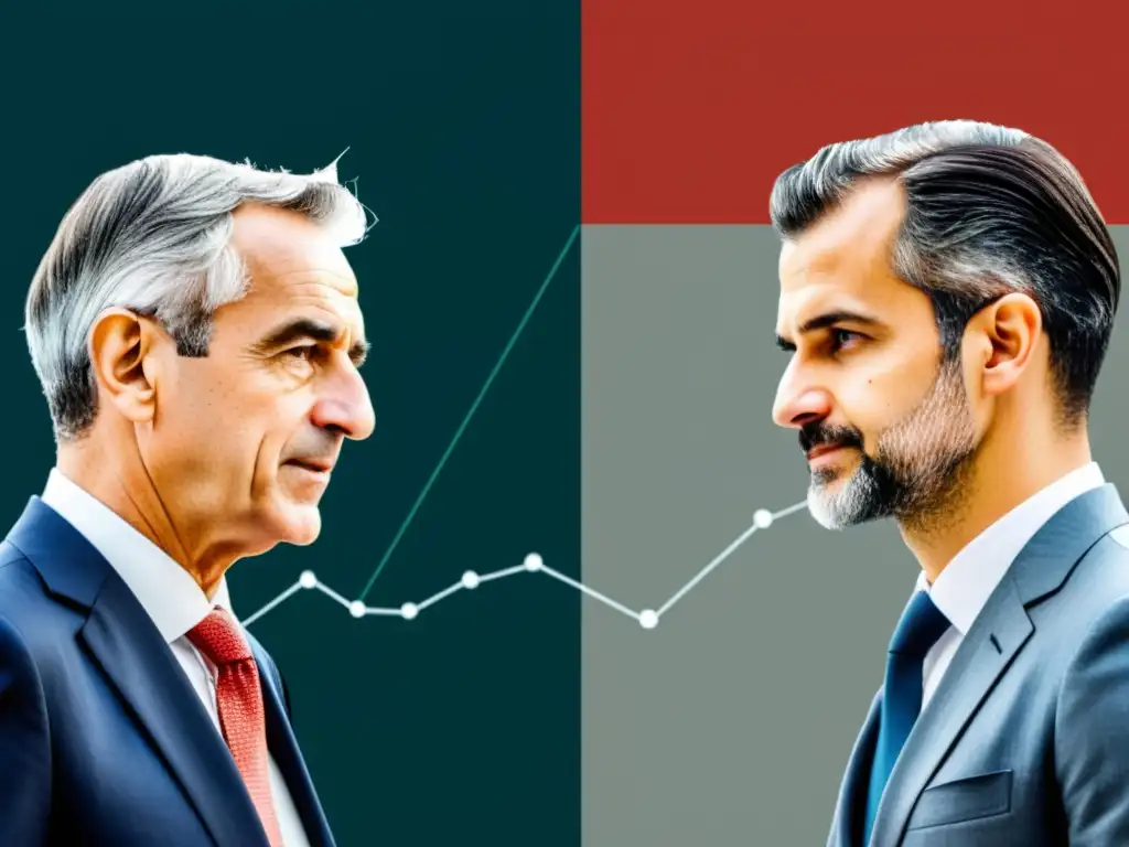 Comparación visual entre modelos económicos Keynesiano y Escuela Austriaca, con gráficos detallados y datos ilustrativos